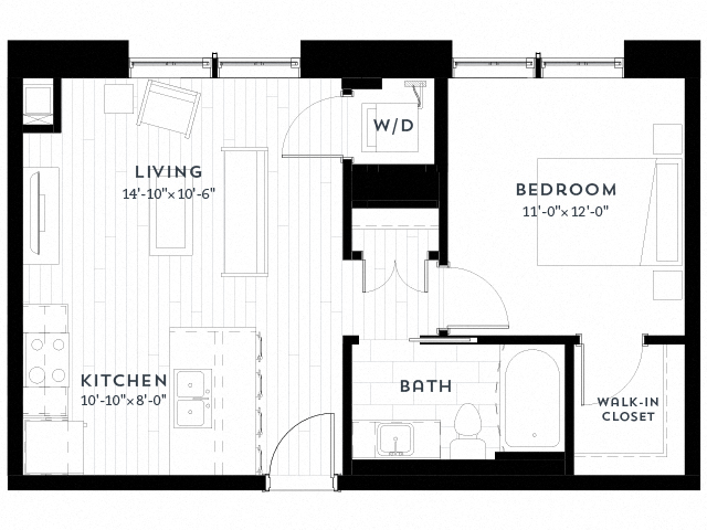 Floor plan for 1 bed, 1 bath, 626 sqft